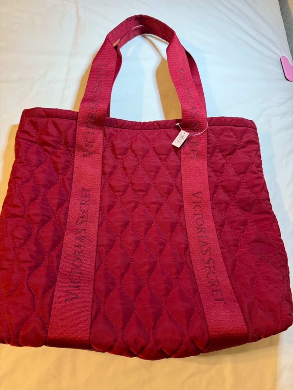 Victoria's Secret Quilted Red Tote with Branded Web Straps